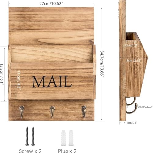 Rustic Wood Mail Organizer with Key Holder - Wall Mounted Vintage Mail Sorter & Entryway Organizer (3 hooks) - Image 2