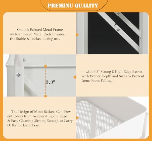 Foldable Storage Cart 3 Tier Rolling Cart with Wheels No Assemble Required Metal Utility Kitchen Cart Heavy Duty Folding Storage and Organizer for Classroom, Bedroom(White) - Image 5