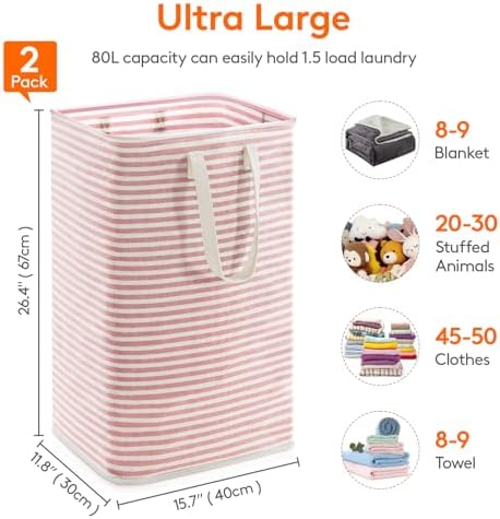Lifewit 2 Pack Laundry Basket 80L Each, Collapsible Clothes Hamper with Reinforced Handles, Freestanding Waterproof Design for Bedroom and Laundry Room, Grey&Pink 160L Total - Image 4