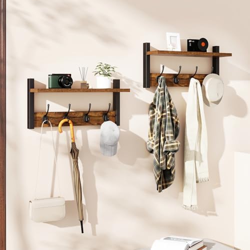 YMYNY Coat Rack Wall Mount with Shelf and Hooks, Rustic Brown UHWS001H-2 - Image 2