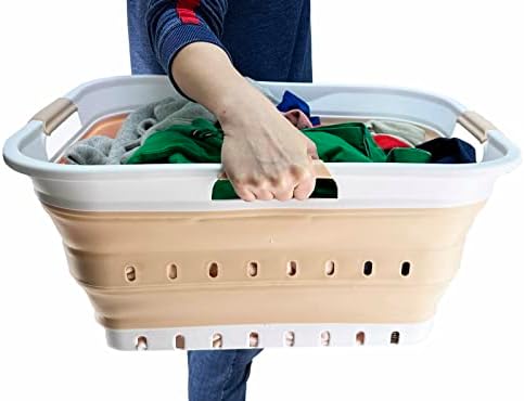 SAMMART 42L (11 gallon) Collapsible Plastic Laundry Basket - Foldable Pop Up Storage Container/Organizer - Space Saving Hamper/Basket (White/Beige) - Image 7
