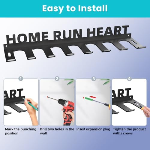 Baseball Bat Storage Rack Wall Mount Softball Holds 14 Bats Metal Organizer Heavy Duty Steel Sports Display Holder Home and Field Equipment Hanger Hooks Hardware Included Home Run - Image 6