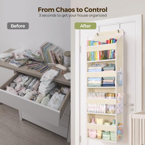 LAMU Over the Door Organizer, Large Capacity Behind the Door Storage with Clear PVC Windows, Heavy Duty Stuffed Animal Storage for Dorm Nursery Bedroom Closet Bathroom Pantry Shoes, 4 Tier Cream White - Image 4