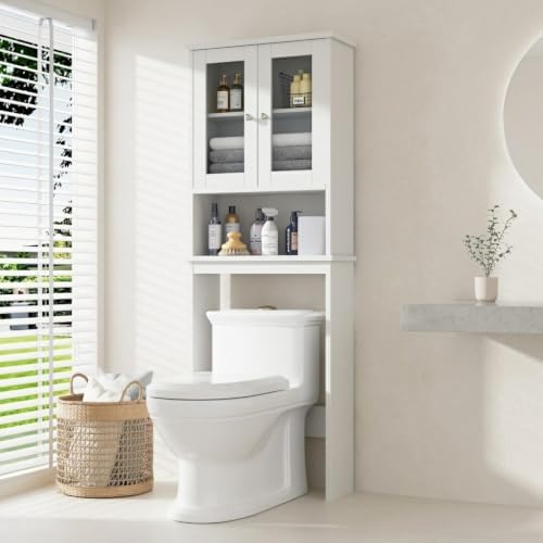 Over The Toilet Storage Cabinet for Bathroom, White Storage Organizer Over Toilet, Space Saver with Tempered Glass Doors, White by Meilocar