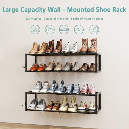 2 Pack Wall Mounted Shoe Rack, Expandable 16-29" with 4 Hooks - Image 6