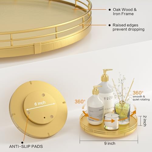 Oroyutor 9-Inch Oak Lazy Susan Vanity Tray with Gold Metal Rail - Image 2