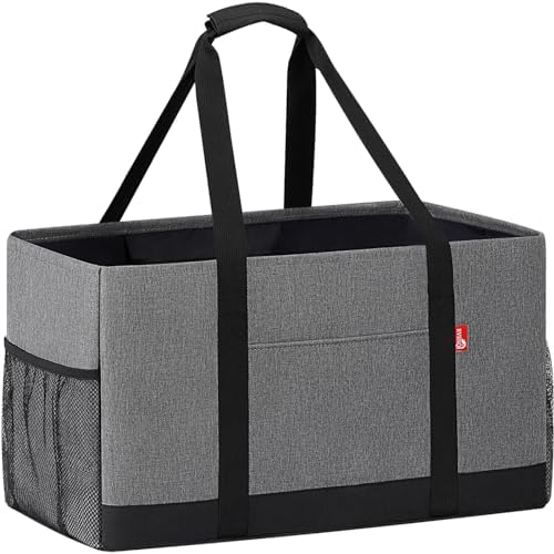 Extra Large Utility Tote Bag, Foldable Reusable Grocery Bags with Metal Wire Frame & Reinforced Bottom Board, Stand Up Large Utility Tote for Shopping, Beach Bag, Laundry, Car (Grey) by RVSNQ