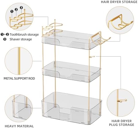 Akinbas 3 Tier Bathroom Organizer Countertop Makeup Perfume Tray Skincare Organizer Comes with Hair Dryer Rack and Toothbrush Holder for Bathroom Dresser Vanity (White) - Image 4