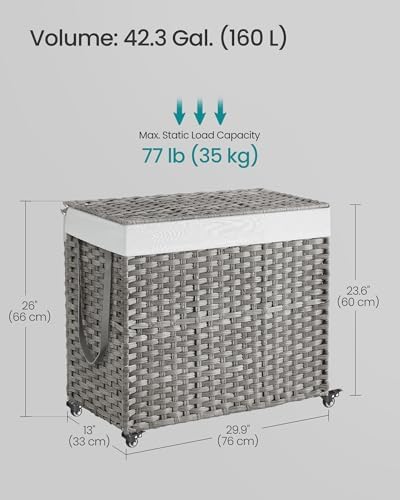 SONGMICS Rolling Laundry Hamper with Lid, 160 L 3-Section Synthetic Rattan - Image 5