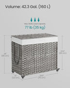 SONGMICS Rolling Laundry Hamper with Lid, 160 L 3-Section Synthetic Rattan - Image 5