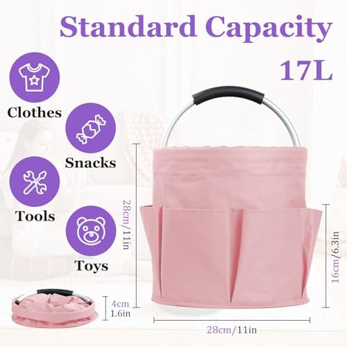17L Portable Shower Caddy with 6 Side Pockets, Foldable Cleaning Supply Caddy with Handle, Garden Tool Bag in 600D Oxford Fabric, Multifunctional Storage Basket for Showers, Picnics, Pink - Image 2