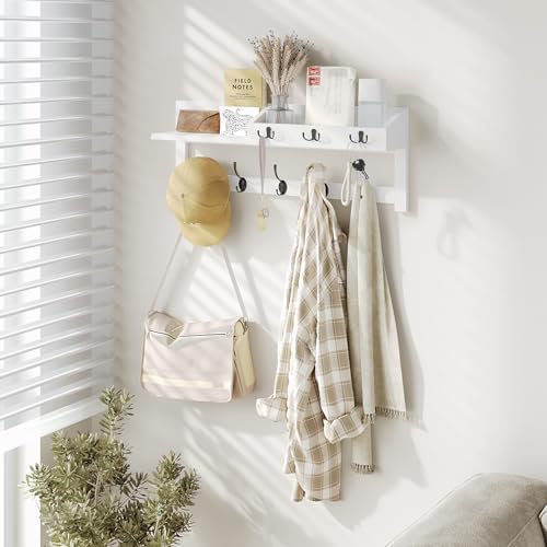 AMBIRD Wall Hooks with Shelf, 26.57 Inch Entryway Wood Coat Hooks for Wall, Coat Rack Wall Mount with 5 Dual Hooks 3 Key Hooks Mail Organizer and Key Rack Holder (White) - Image 3