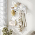 AMBIRD Wall Hooks with Shelf, 26.57 Inch Entryway Wood Coat Hooks for Wall, Coat Rack Wall Mount with 5 Dual Hooks 3 Key Hooks Mail Organizer and Key Rack Holder (White) - Image 3