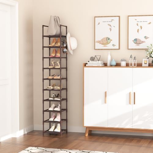 LANTEFUL Tall Shoe Rack 10-Tier Narrow Shoe Shelf Storage for 10-15 Pairs Shoe and Boot, Sturdy Shoe Storage Space Saving Corner Shoe Rack Organizer for Closet, Entryway, Living Room, Brown - Image 2