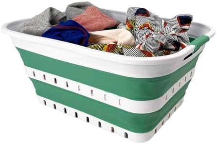 SAMMART 42L (11 gallon) Collapsible Plastic Laundry Basket - Foldable Pop Up Storage Container/Organizer - Space Saving Hamper/Basket (1, White/Winter Green) by SAMMART