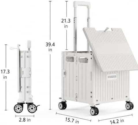 Foldable Utility Cart with Stair Climbing Wheels, Collapsible Rolling Crate with Telescoping Handle, Folding Shopping Trolley Handcart Grocery Book File Tool Teacher Storage Basket (White, 4 Wheels) - Image 2