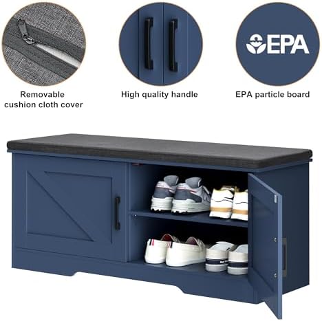 HOMSHO Farmhouse Shoe Storage Bench with 2 Barn Doors & Padded Seat Cushion - Image 6