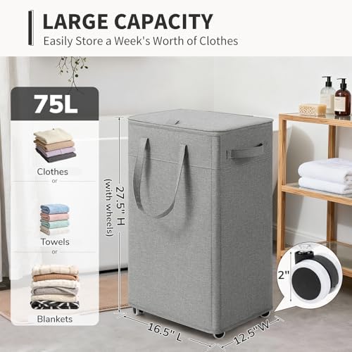 Goodpick 75L Rolling Laundry Basket with Wheels and Lid, Grey - Image 3