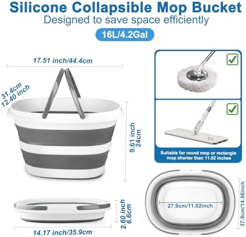 Collapsible Mop Bucket with Handle for Cleaning, 16L(4.2 Gallon) Silicone Square Mopping Bucket for Windows Cleaning or Car Washing, Cleaning Supplies Organizer Plastic Bucket for Storage - Image 2