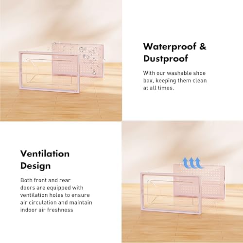 Foluck Shoe Storage Box, 15 Pack Clear Plastic Stackable Organizer for Closet, Interlocking Design Shoes Container Bins for Sneakers, Foldable Shoe Rack with Lids, Pink - Image 5