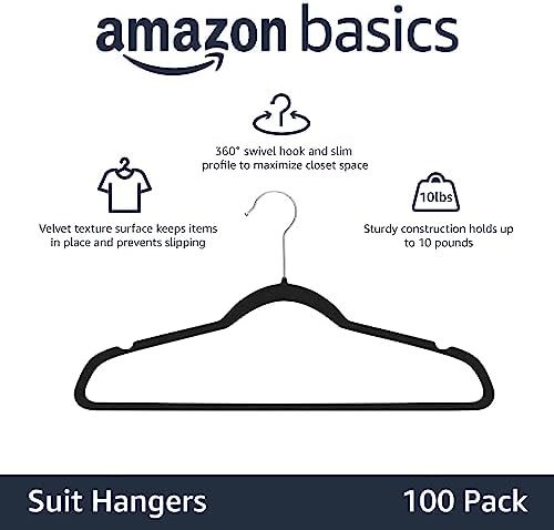 Amazon Basics Slim Velvet Non-Slip Space Saving Suit Clothes Hangers, Closet Organizer, Black/Silver, 100-Pack - Image 2