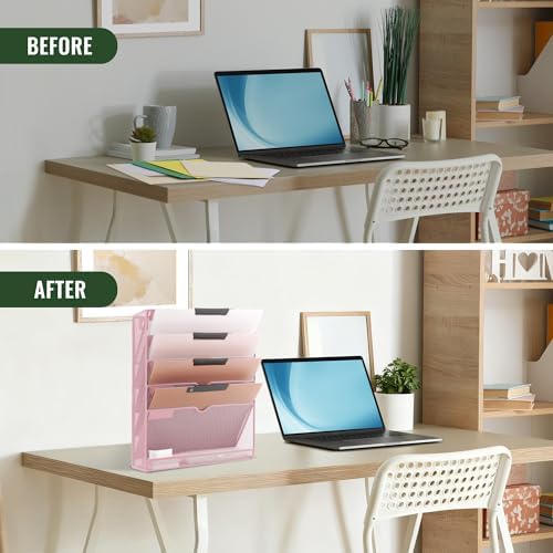 EASEPRES 6 Tier Mesh Hanging Wall File Organizer, Desk Vertical Mail Paper Document Folder Holder Rack with Bottom Tray and Nametag Label for Office Home School, Pink - Image 5