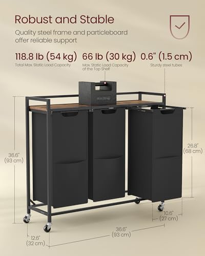 VASAGLE Laundry Sorter 3 Section, Rolling Cart with Shelf 43.5 Gal. (165 L) - Image 6
