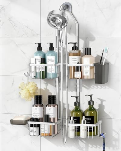 Adjustable Shower Caddy Hanging for Handheld Showerheads - Never Rust Shower Hanging Organizer, Upgraded Bathroom Shower Rack with Soap Basket, Hooks and Toothbrush Holder (Silver) by MSAICOE