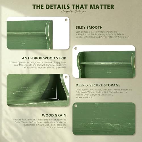 Pine Wood Mail Organizer Wall Mount with 7 Key Hooks for Room Decor, Green - Image 6