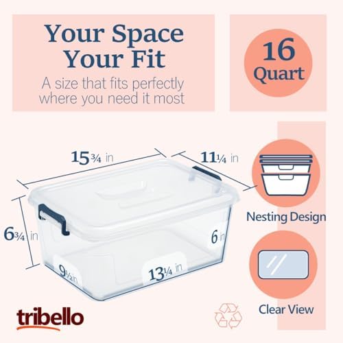 Tribello Plastic Storage Bins with Lids, Clear Stackable Storage Containers - 16 Qt - 2 Pack - Image 2