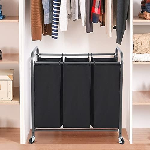 STO STO Laundry Sorter 3 Section, 3 Bag Clothes Hamper, Rolling Laundry Cart Basket with Heavy Duty Lockable Wheels and Removable Bag for Laundry Room, Bedroom, Closet, Black - Image 3