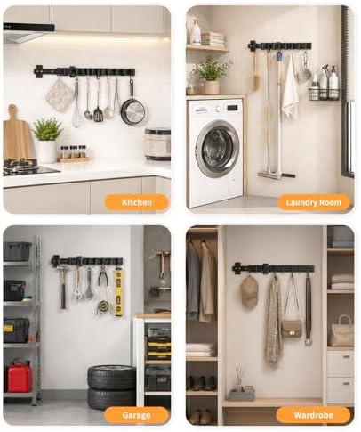 Pull Out Broom Holder 18" With 10 Adjustable Row Sliding Hooks, Multifunctional Slide Broom And Mop Storage/Organizer Garage Organization Hooks, for Closet Laundry Garage Kitchen - Image 6
