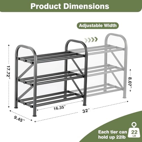 3 Tier Expandable Shoe Rack for Closet, Adjustable Small Shoe Organizer Storage, Heavy Metal Free Standing Narrow Shoe Racks for Entryway, Garage, Doorway Black 16"-33" - Image 2
