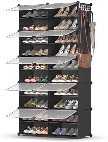 SONGMICS Shoe Rack, 10-Tier with Doors, 40-Pair Storage Cabinet | Shoe Organizer, Steel Frame, Plastic Panel, Bedroom, Entryway, Ink Black and Transparent, DAMION Collection ULPC035B01 by Unknown