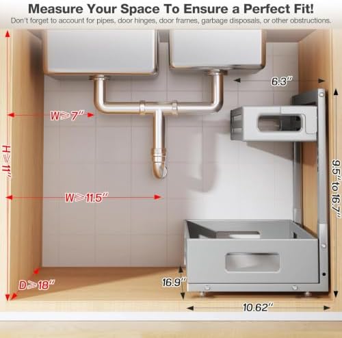 2 Pack 17IN-Depth Under Sink Organizer,Pull Out Cabinet Organizer With Smooth Cylindrical Rail,Metal Slide Out Drawer for Kitchen Bathroom Laundry,8-Level Tool Free Height Adjustable-Gun Gray - Image 2