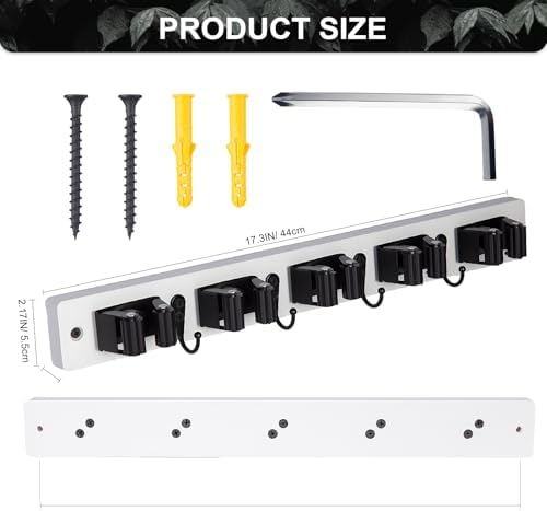 2 Pack Broom Holder Wall Mount With 5 Slots & 4 Hooks，Rustic Wood Broom & Mop Hanger，Wall Mounted Garden & Garage Tool Storage Organizer Rack for Closet Laundry Room or Kitchen Wall Decor White - Image 5