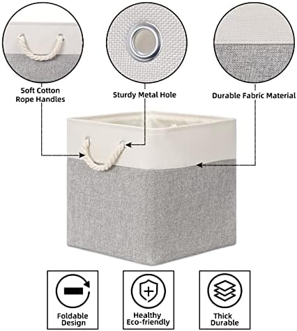 Bidtakay Fabric Basket Set - Large Square Organizer Bins, 13x13, Set of 3, White & Grey - Image 6