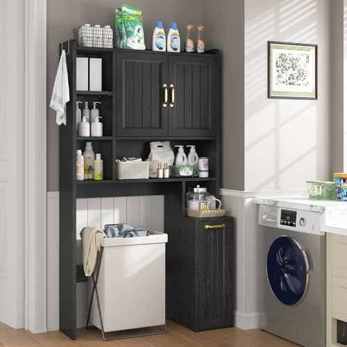 UPOSOJA Over The Toilet Storage Cabinet with Pulley, Bathroom Cabinet, Space Saver W/Adjustable Shelf Rack for Bathroom, Restroom, Laundry (Black-Type A) - Image 3