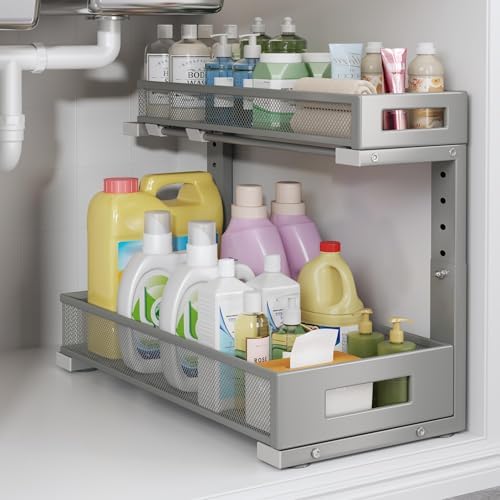 1 Pack 17IN Depth Under Sink Storage Organizer, Large 2-Tier Elegant Mesh Pull Out Shelf for Kitchen and Bathroom Cabinet Organization, L-Shaped and Adjustable Height Design-Gun Gray by UnderSinkOrganizer