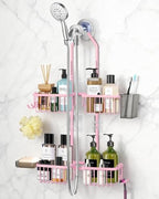 Adjustable Shower Caddy Hanging for Handheld Showerheads - Never Rust Shower Hanging Organizer, Upgraded Bathroom Shower Rack with Soap Basket, Hooks and Toothbrush Holder (Pink) by MSAICOE