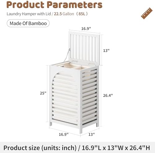 Laundry Hamper with Lid (16.9 * 13 * 26.5inches) Large Bamboo Laundry Bin Basket 85L Clothes Hamper with 1 Removable Bag Storage baskets for Bathroom (White) - Image 2