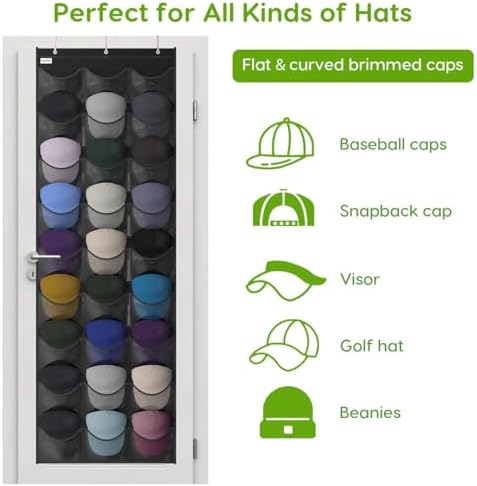 Baseball Hat Rack, 27 Pocket Over-The-Door Hat Organizer with Clear Deep Pockets to Display Baseball Caps Collection, Complete with 3 Over Door Hooks (Black, 27 Pockets) - Image 4