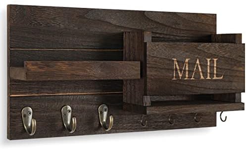 Lwenki Mail Organizer for Wall Mount – Key Holder with Shelf Includes Letter Holder and Hooks for Hallway Farmhouse Decor – Rustic Wood with Flush Mounting Hardware (16.5” x 9.1” x 3.4”) (Brown) - Image 2