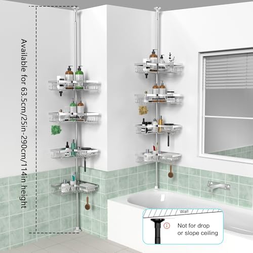KEGII SUS304 Corner Shower Organizer, Tension Pole Bathtub Caddy, Silver - Image 6