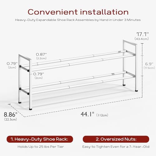 Bumusty 2 Tier Long Expandable Shoe Rack for Closet, White - Image 3