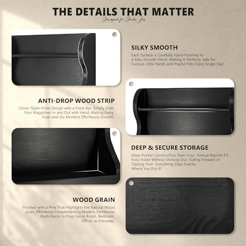 Pine Wood Mail Organizer Wall Mount with 7 Key Hooks for Home Decor, Black - Image 6