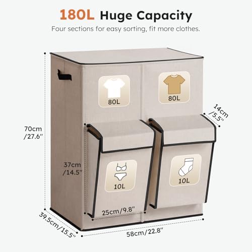 SOLEDI 180L Double Laundry Hamper with Lid and 2 Side Pockets, Dual Hamper - Image 5