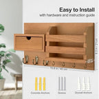 Lwenki Wall Mount Key Holder with Mail Organizer, 100% Paulownia Wood, 7 Metal Hooks, Storage Drawer, Entryway Home Decor - Image 2