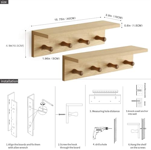 Entryway Coat Rack Hooks with Shelf, Sturdy Wooden Floating WallOrganizer Shelf with 4 Hooks siutable for Entrance, Mudroom, Kitchen, Bathroom,.etc(2pc-Oak Finish) - Image 4