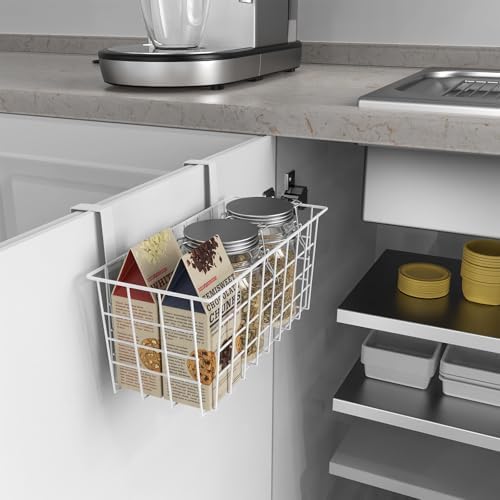 MaraFansie Basket with Hook, Grid Storage Basket, Over the Cabinet Door Organizer, Wire Hanging Basket with Hook Over the Door/Railing, Under Sink Kitchen Cabinet, Pantry, Bathroom, White, 4 Pack - Image 2